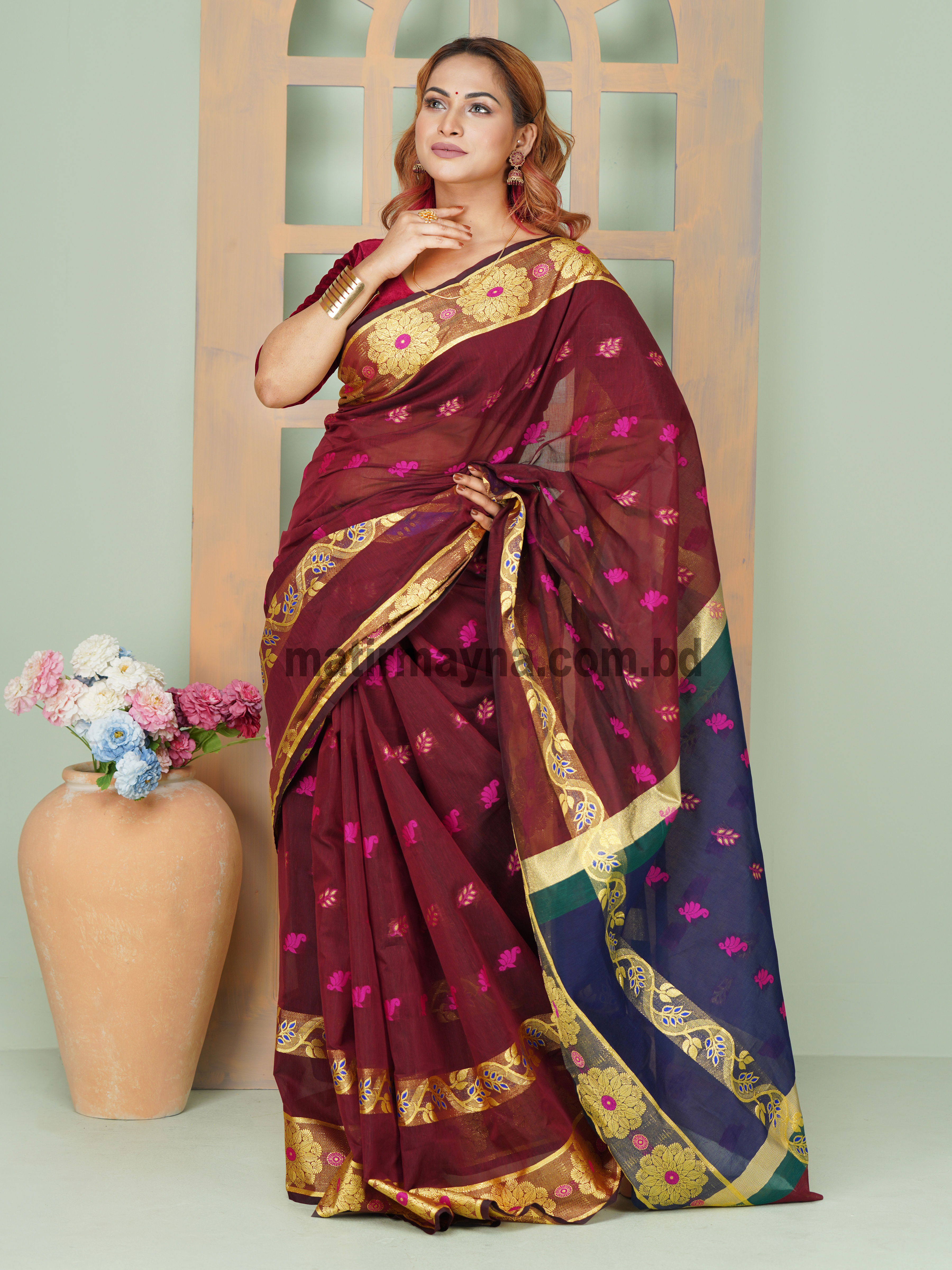 অভিজাত মেরুন হাফ সিল্ক  কটন  শাড়ি কোড নং 010