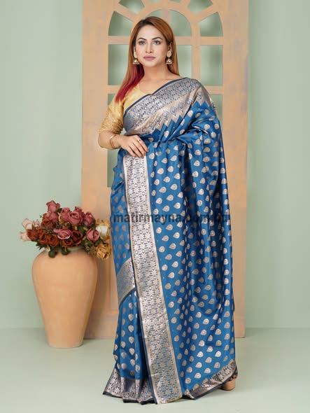 রাজকীয় নীল কাতান সিল্ক শাড়ি কোড নং 002