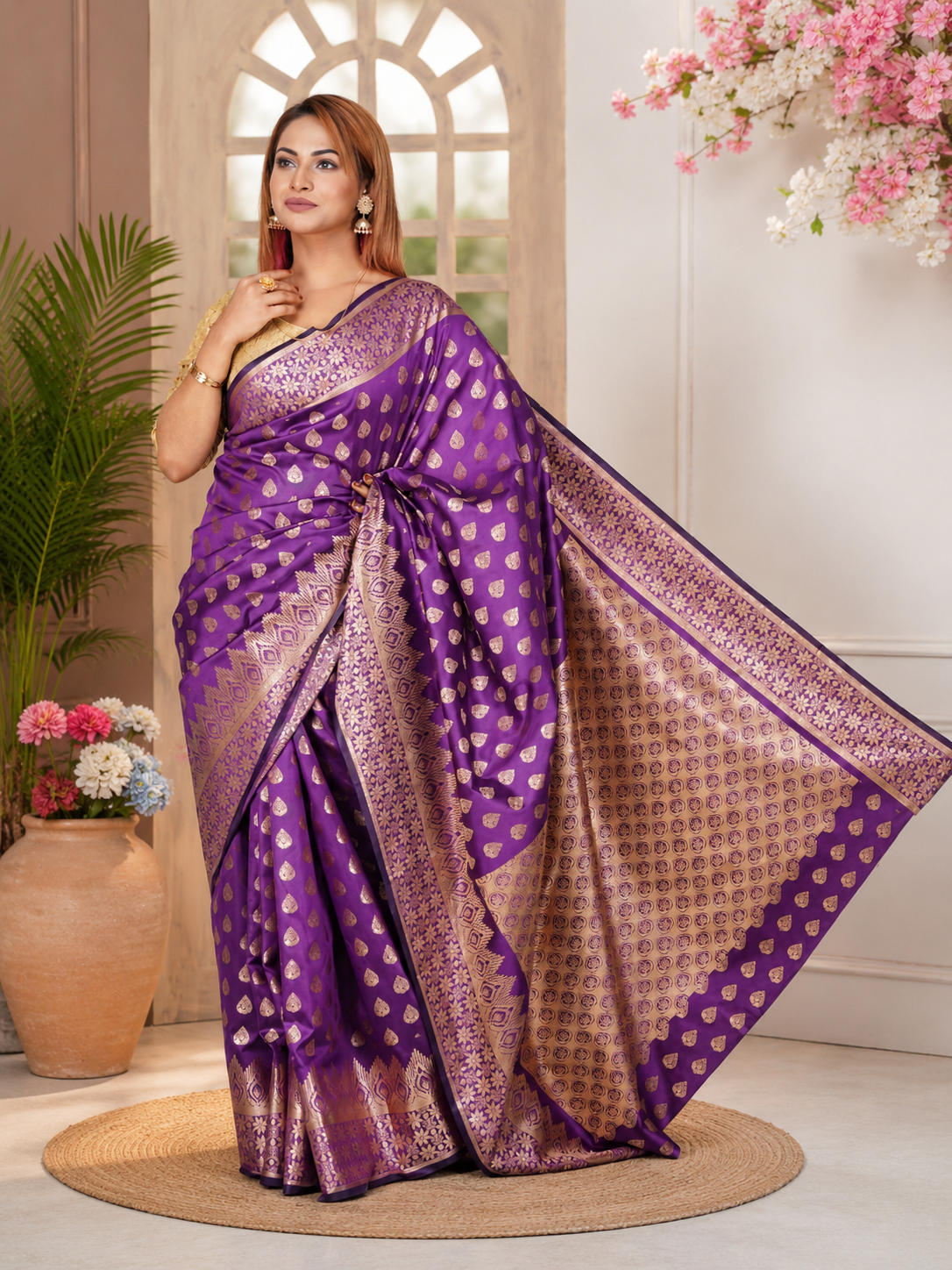 রাজকীয় বেগুনি কাতান সিল্ক শাড়ি কোড নং 003