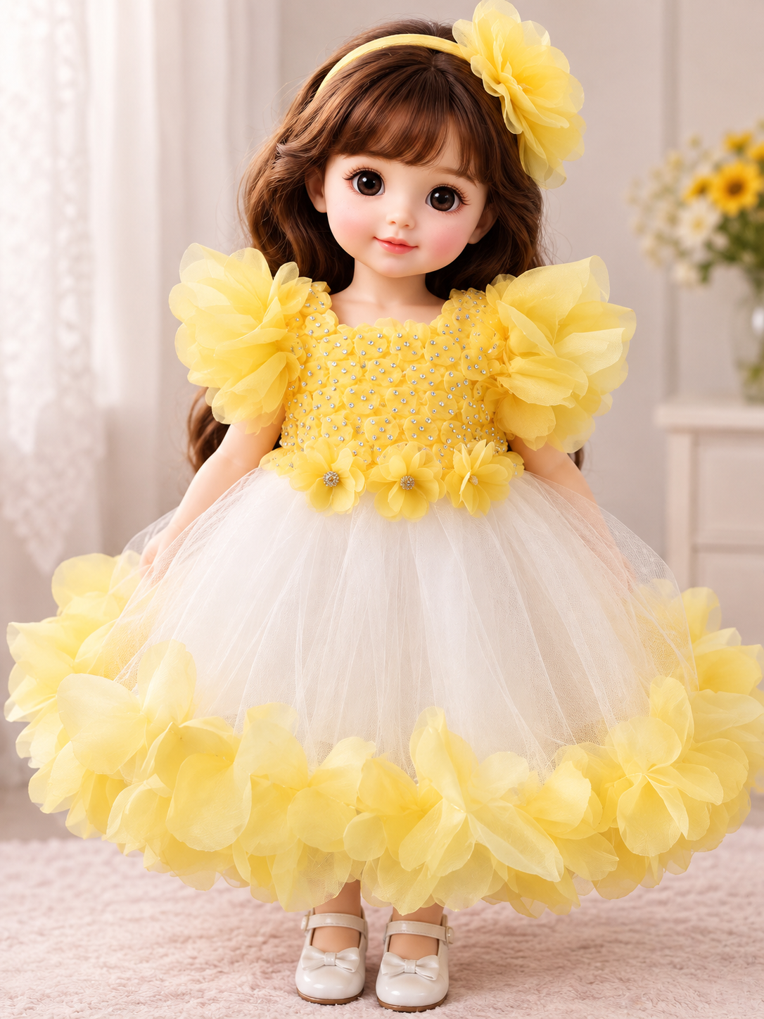 Baby party dress Yellow and white
