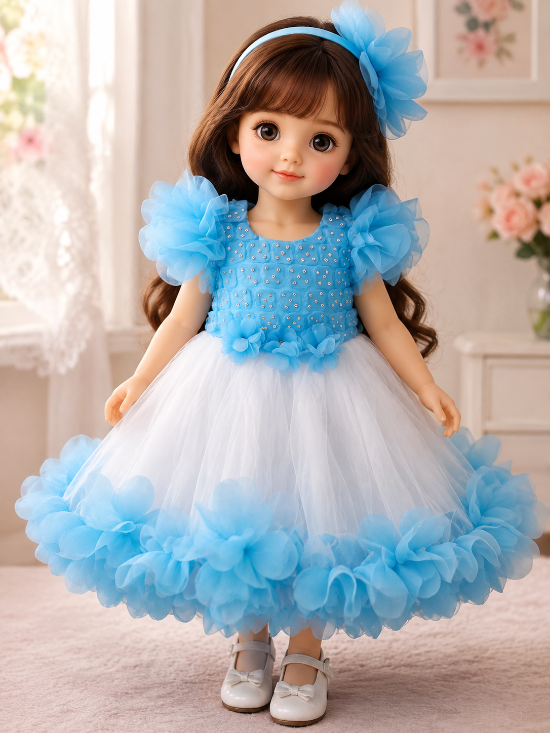 Baby party dress white and sky blue