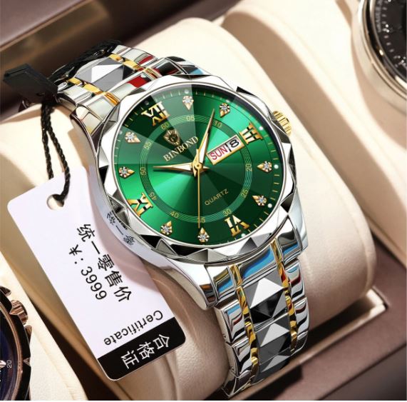 Luxury Binbond watch Silver & Greenn